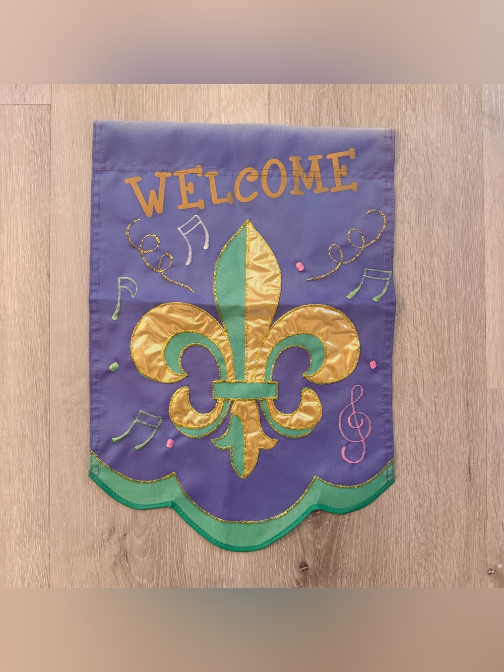 Mardi Gras Welcome Garden Flag Fleur De Lis Purple Gold Green Musical Notes